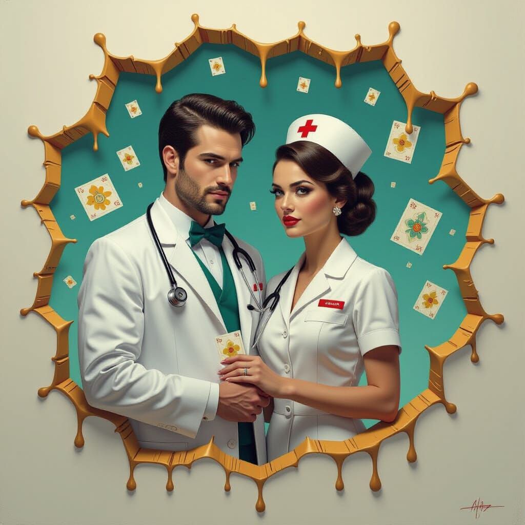 Surreal Doctor and Nurse with Flash Tattoos, Dreamlike Art