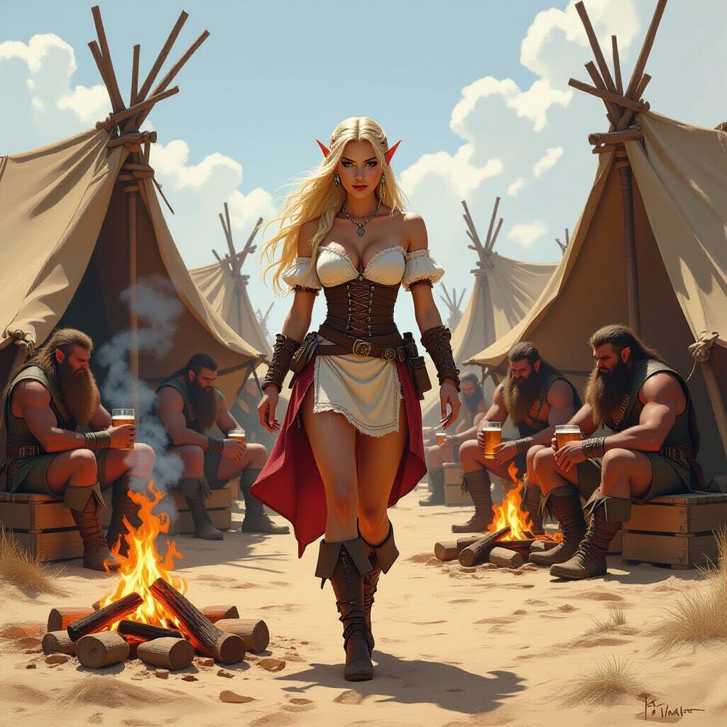 Elf Waitress in Orcish Desert Camp, Fantasy Art