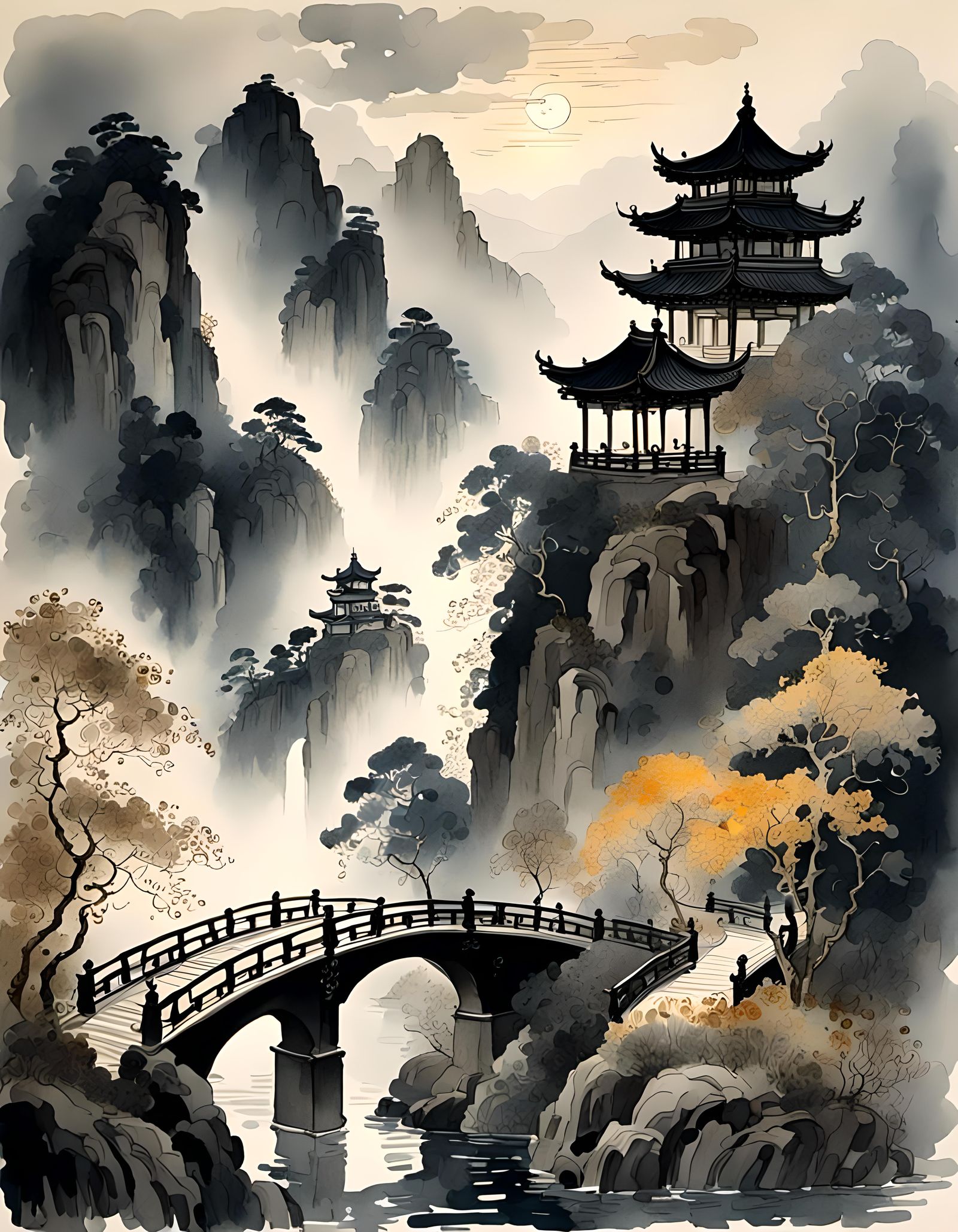 Dark Night Landscape in Chinese Ink Watercolor