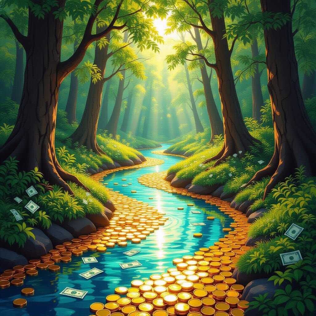 Golden River Flowing Through Lush Forest