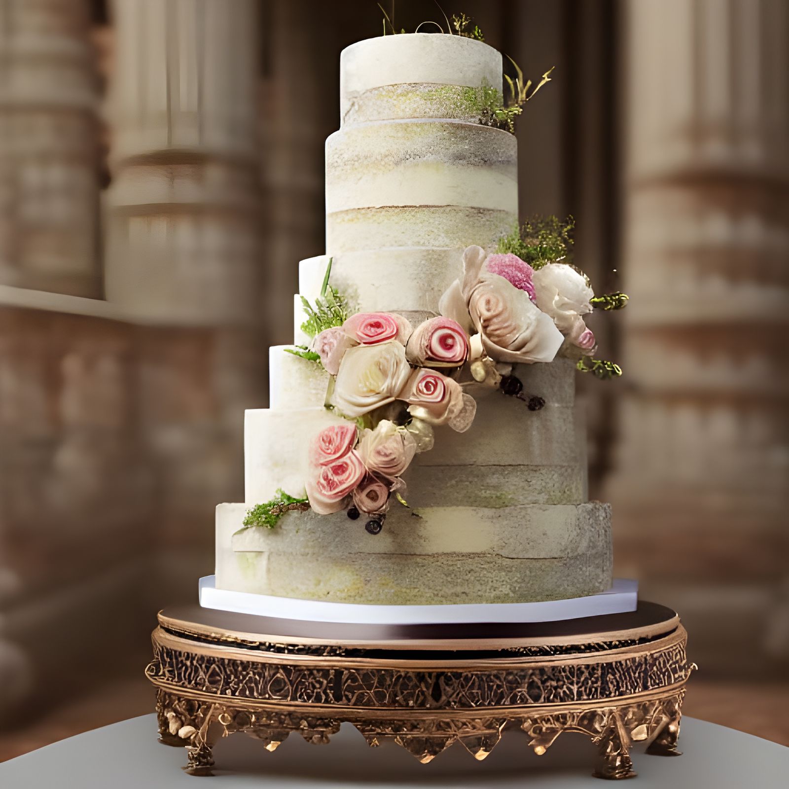 Five-Tier Wedding Cake with Floral Decorations