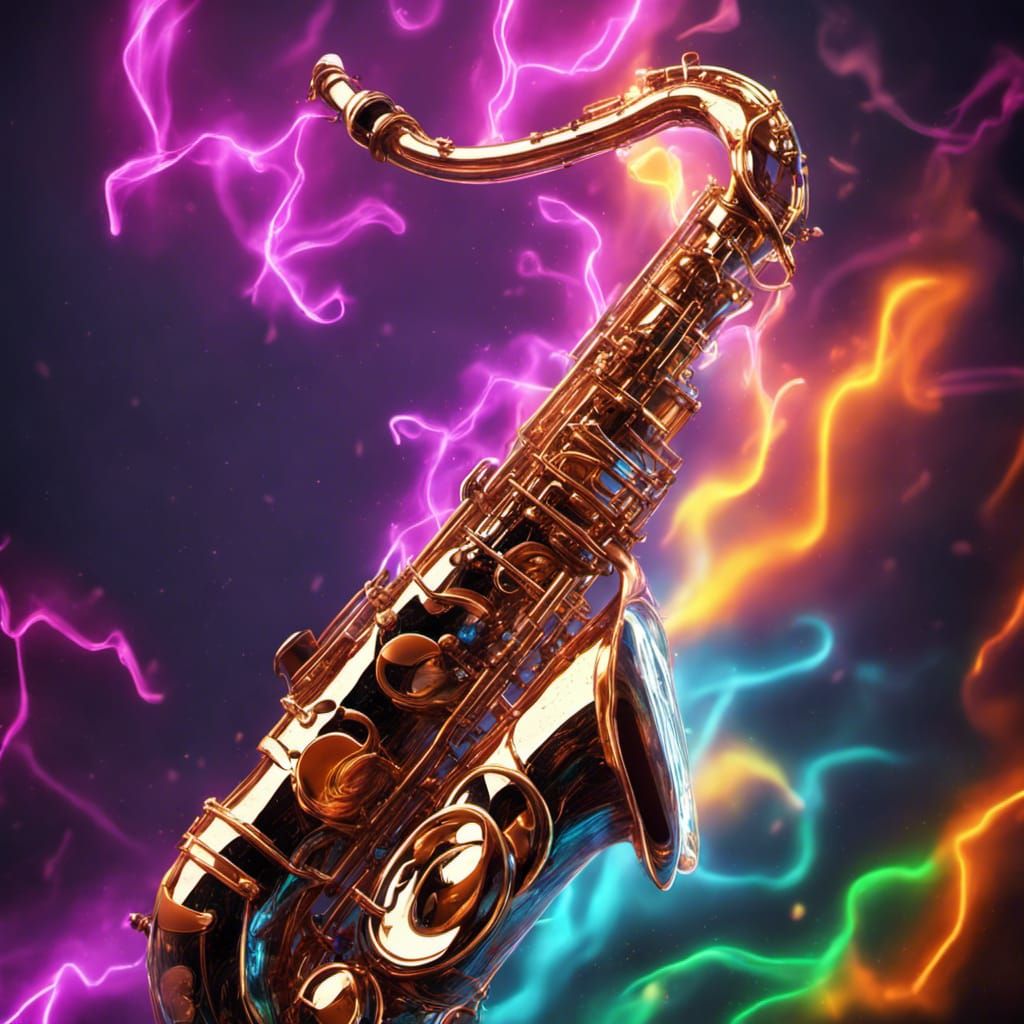 Neon Saxophone Splash Art in Hyperrealistic Style