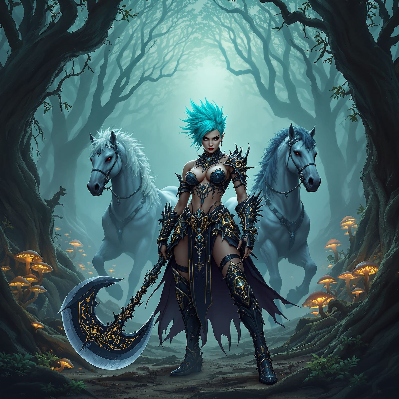 Female Warrior in Misty Forest, Gothic Cyberpunk Style