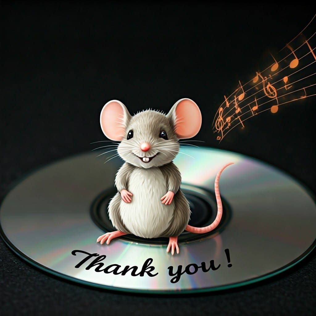 Smiling Mouse on CD with Musical Notes