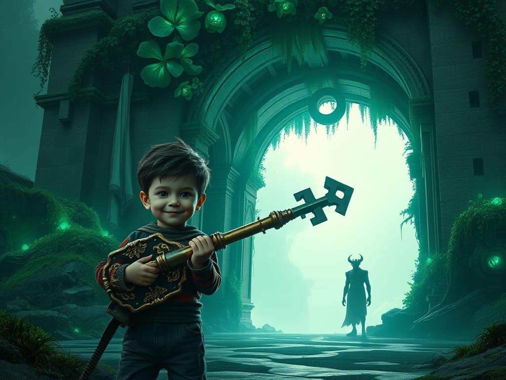 Giant Key Before Brutalist Archway with Spectral Demon