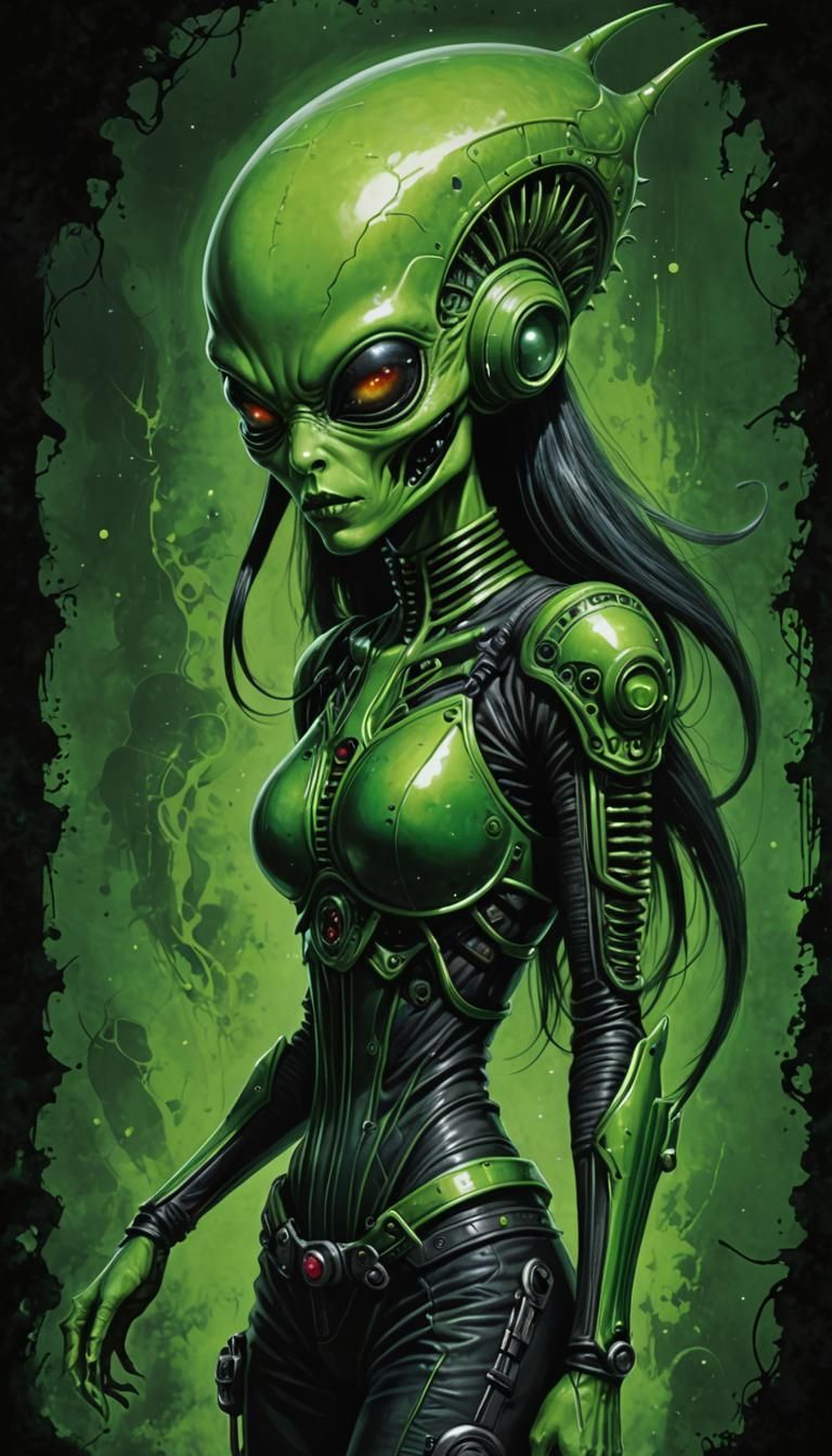 Raygun Gothic Alien Goddess Emerges from Green Haze