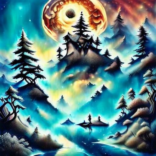 Snakes in Mountain Cloudscape, Detailed Matte Painting