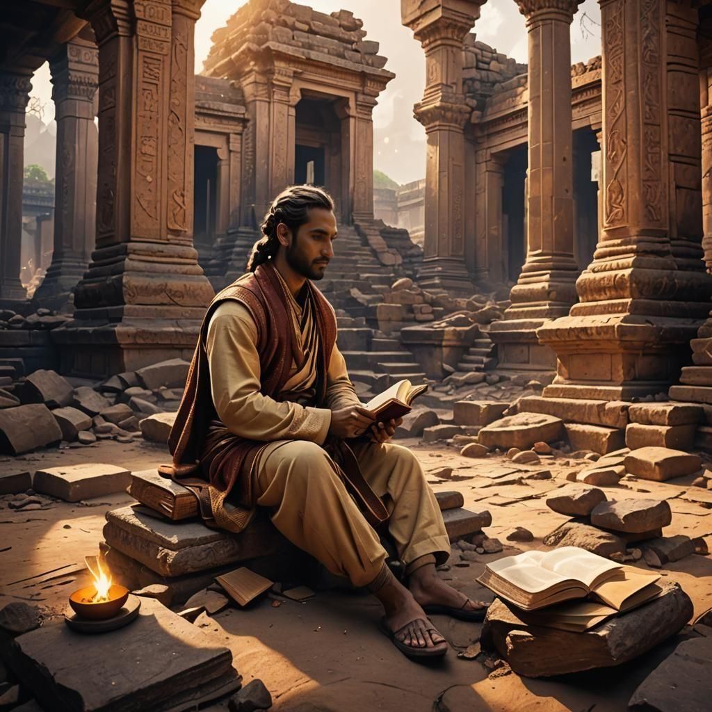 Ancient Reader Illuminates Ruined Temple with Book