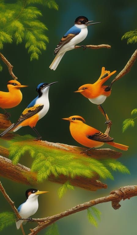 Peaceful Bird Scene with Orioles: Digital Art