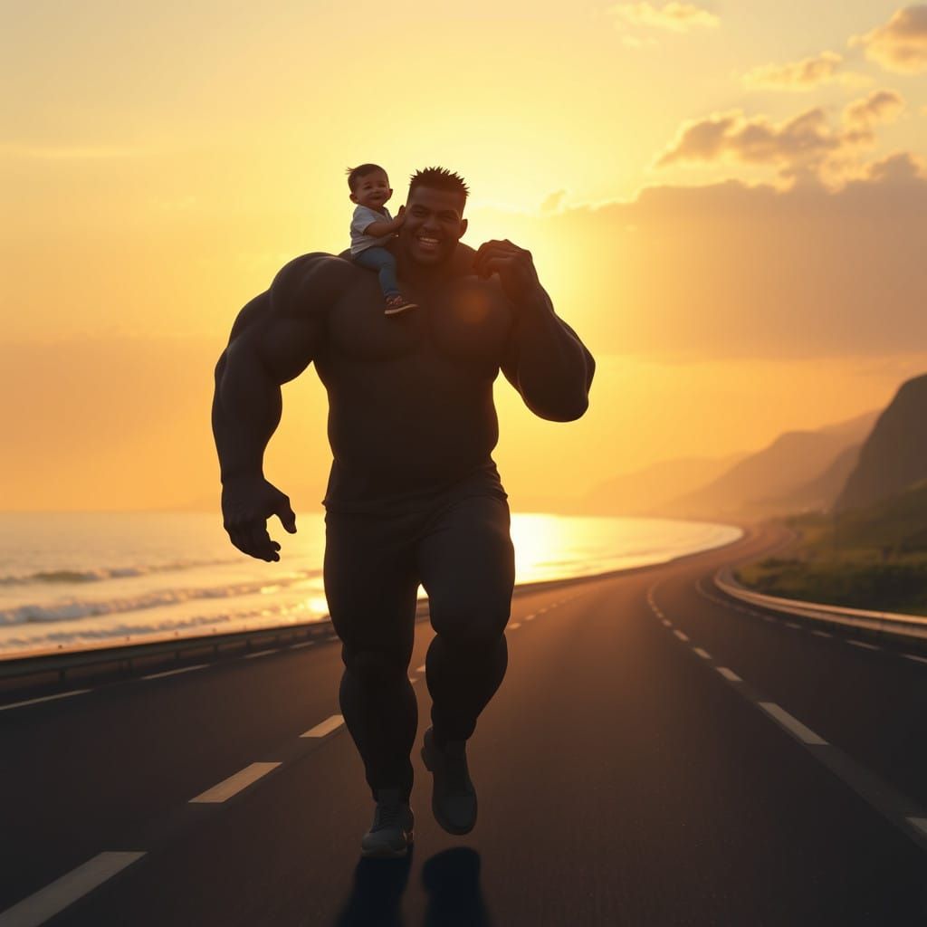 Superhero Father Soothes Son in Serene Evening Landscape