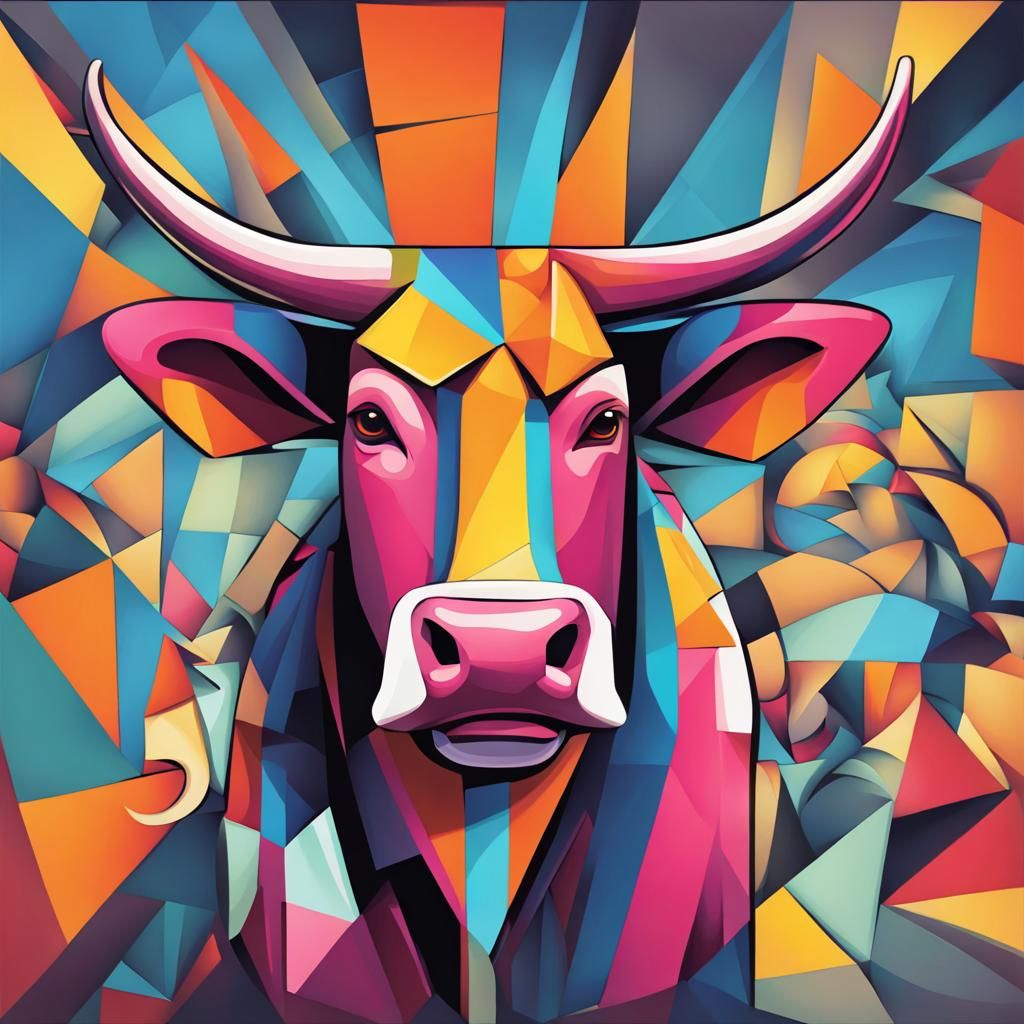 Psychedelic Cubist Cow in Silly Hat