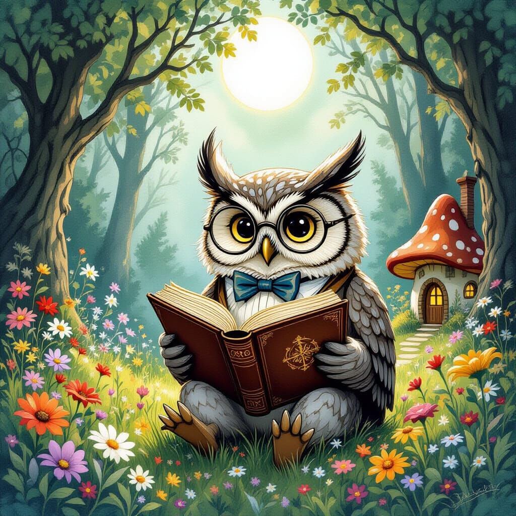 Enchanted Owl Reading in Moonlit Forest
