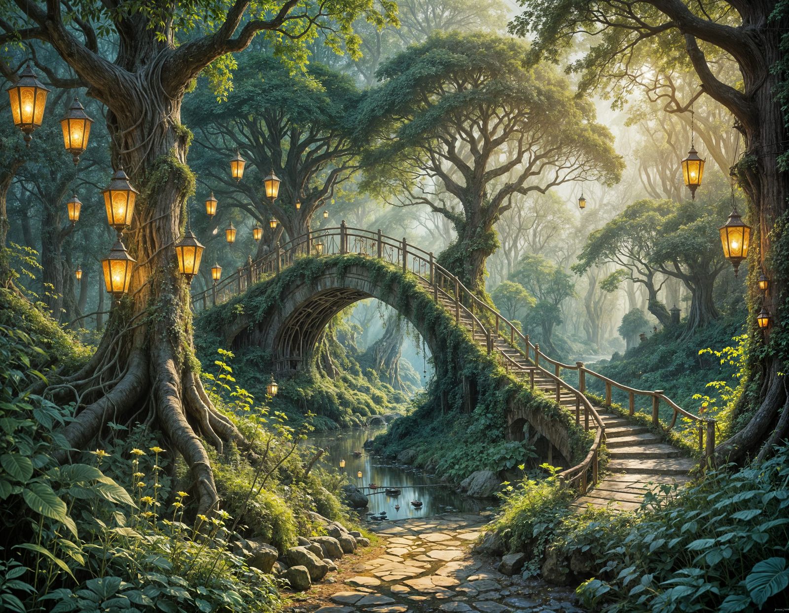 Whimsical Forest Bridges in Art Nouveau Style