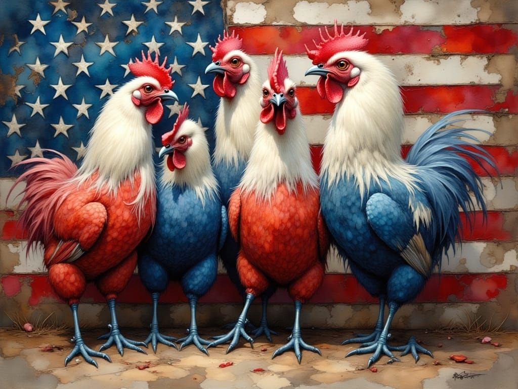 Patriotic Chickens in Whimsical Watercolor Style