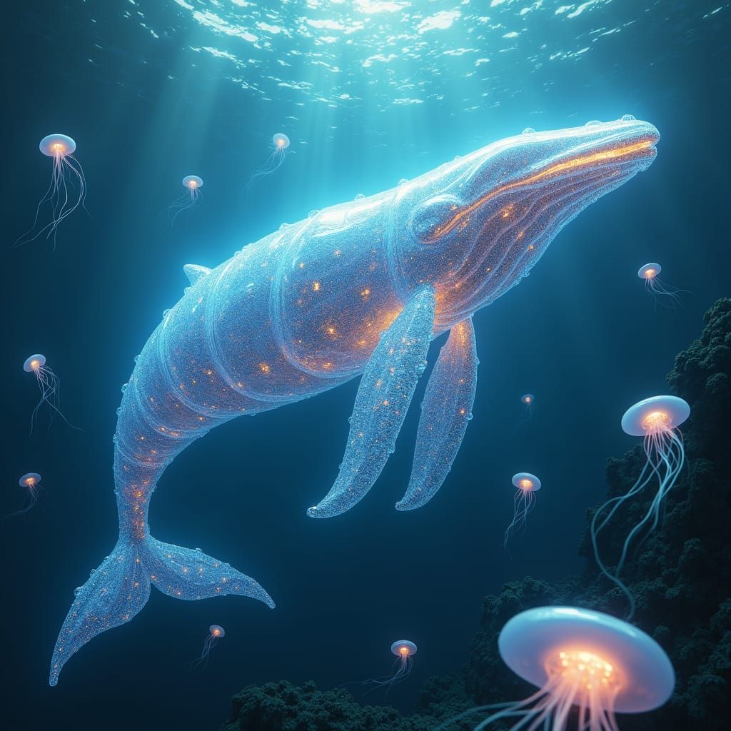 Glowing Glass Whale in Ocean Depths