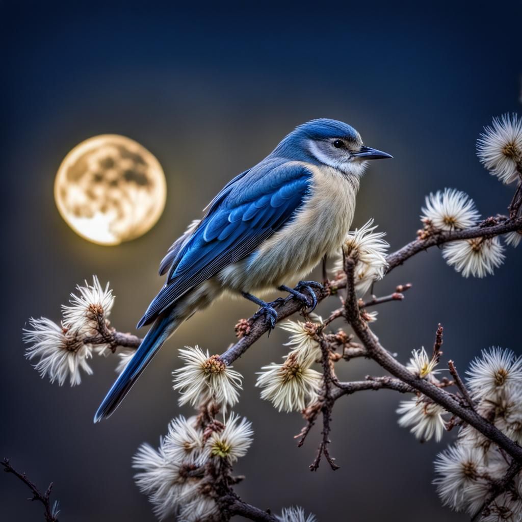 Crested Bird on Blooming Branch in Moonlight