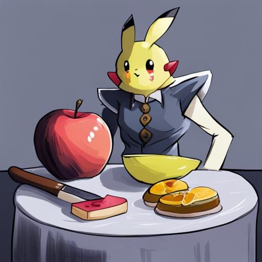 Pokemon and Fruit Still Life on White Background