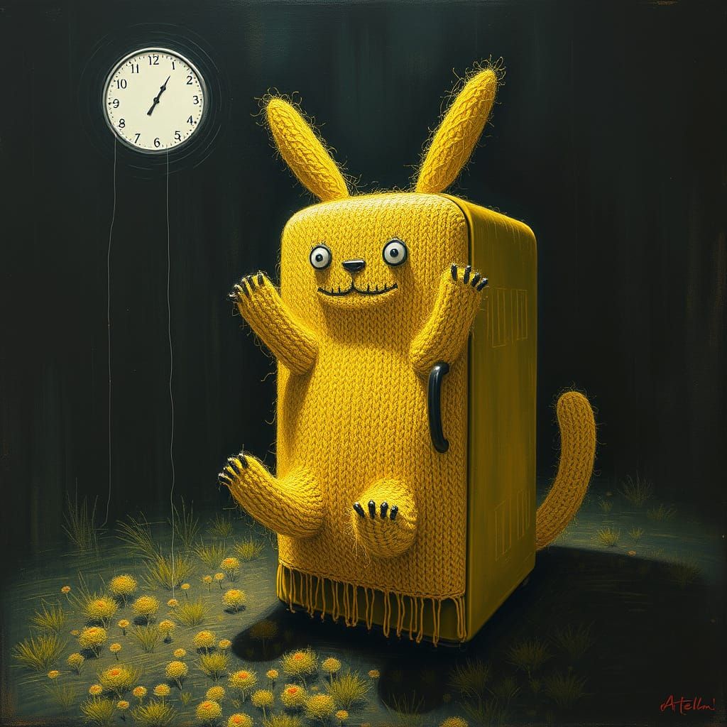 Knitted Totoro Refrigerator in Surreal Splatter Paint Style