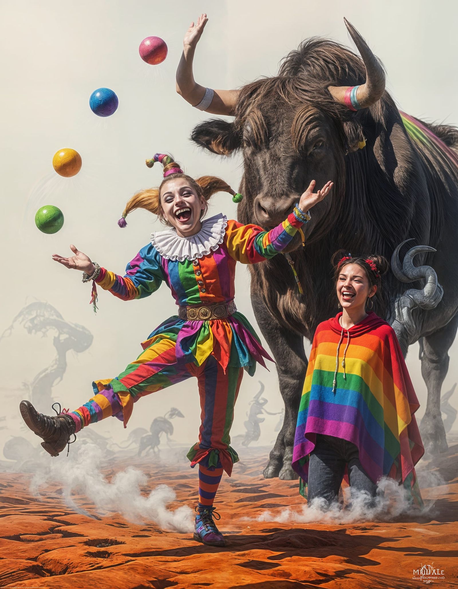 Mischievous Jester Juggles Rainbows Amidst Chaos