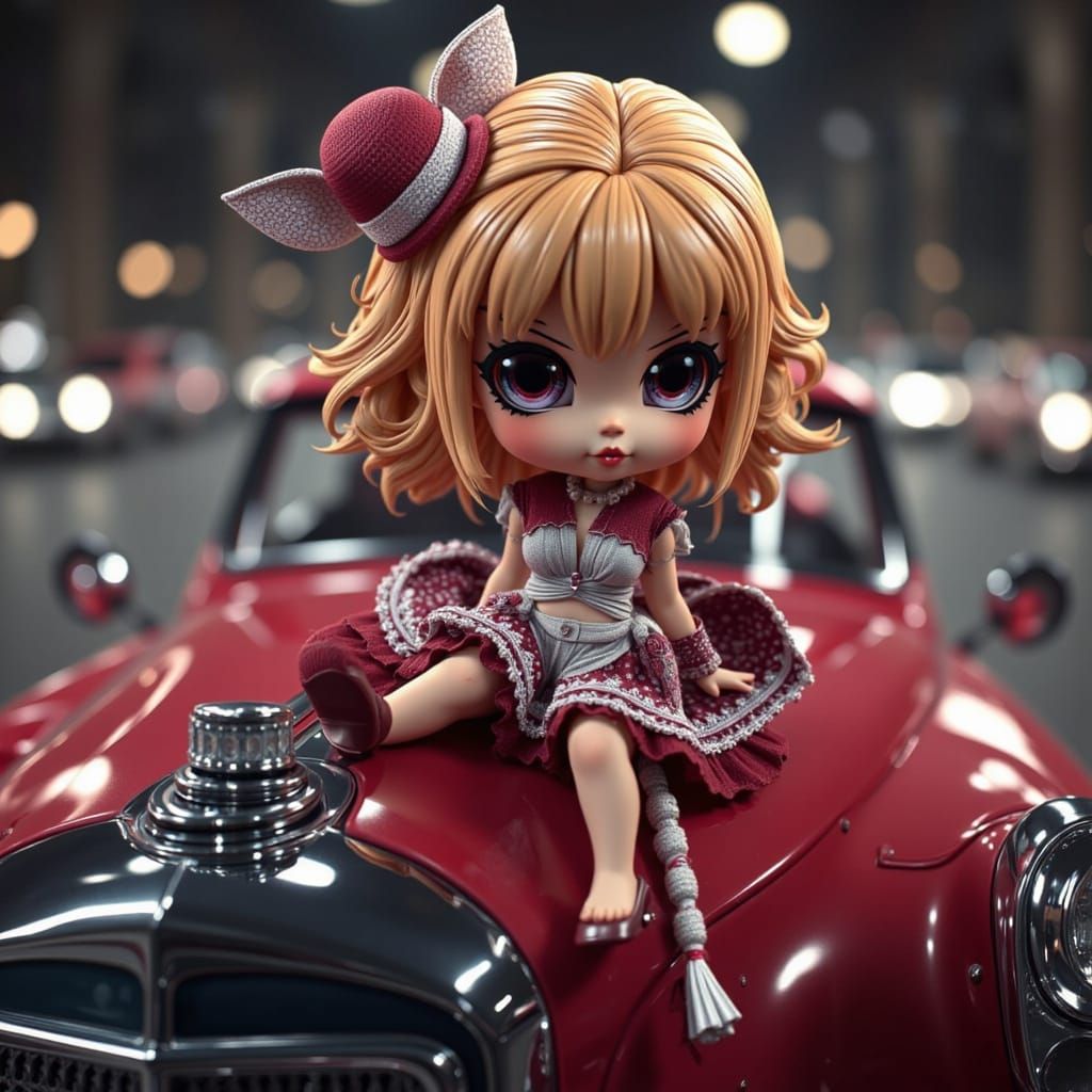 Chibi Pinup Girl on a Retro Hot Rod