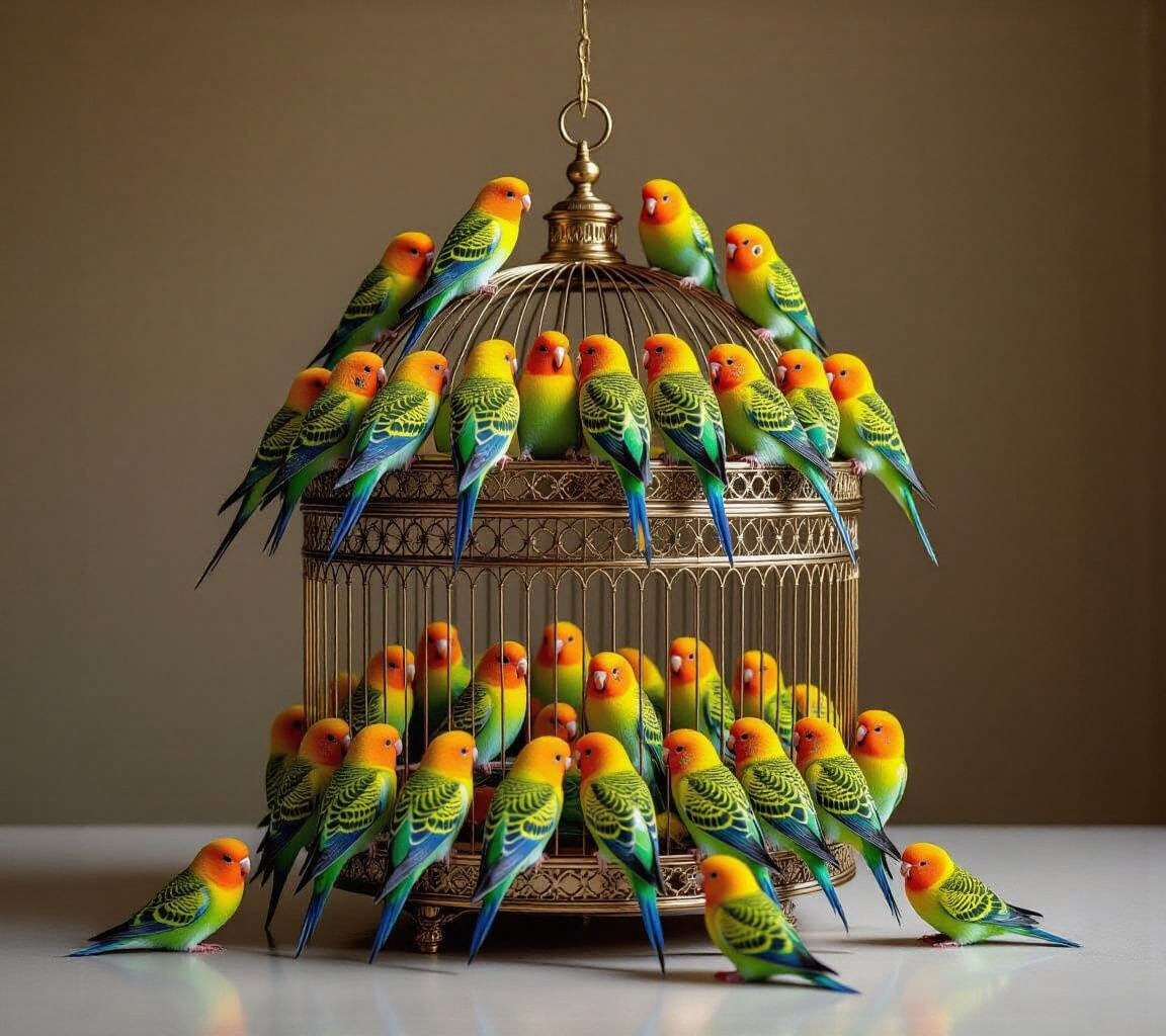 Modern Birdcage with Budgies Perched Outside