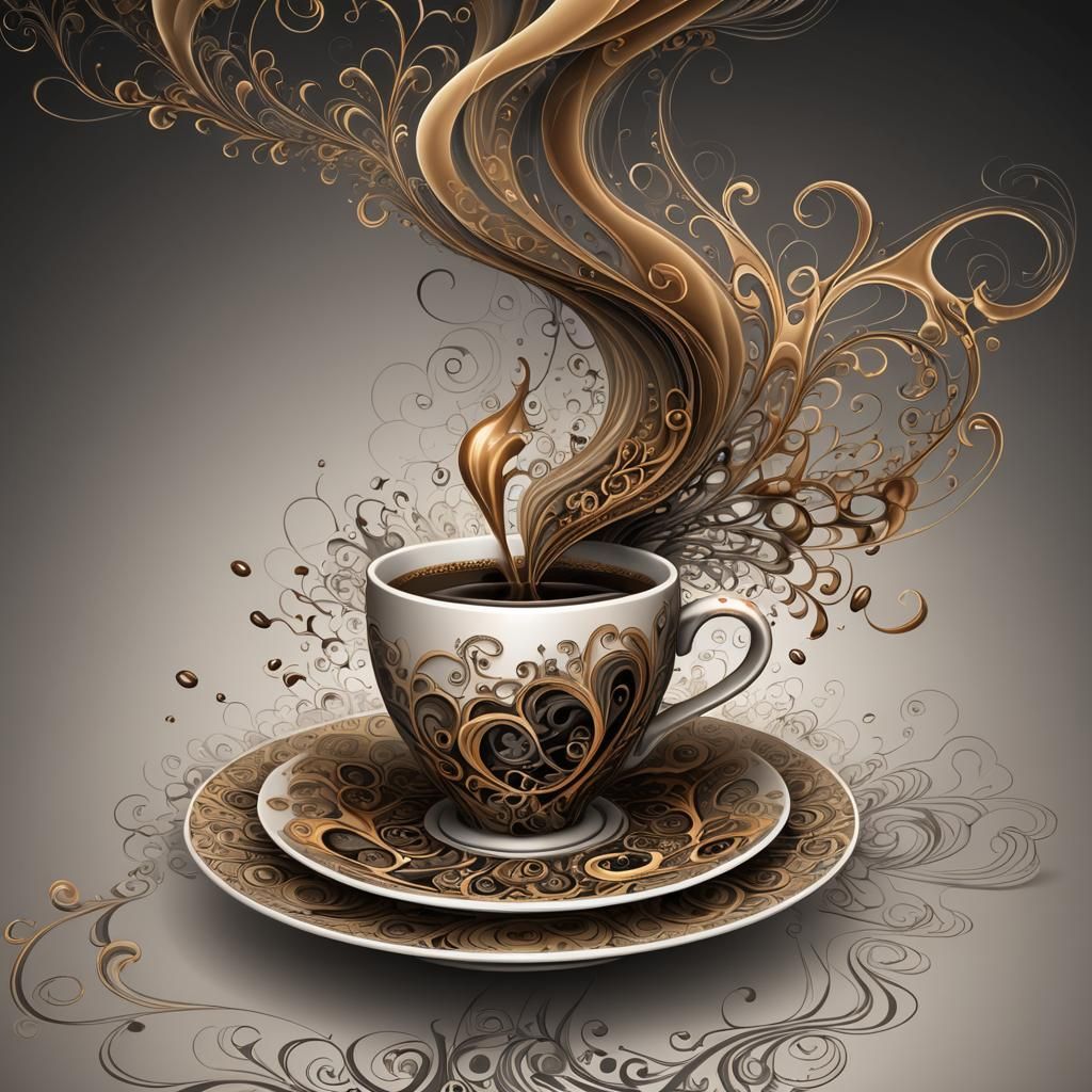 Coffee Cup Exhaling Fairy Smoke: Abstract Vector Art