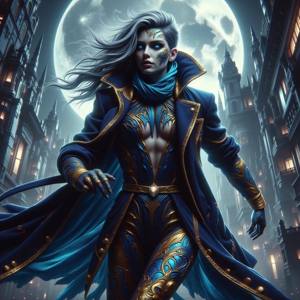 Cyberpunk Thief in Mid-Leap with Holographic Accents