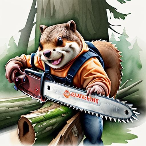 Beaver with Chainsaw in Watercolor Style