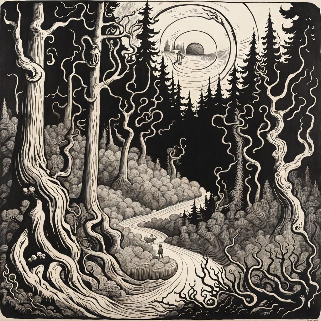 Eldritch Forest Satirical Caricature in Ink