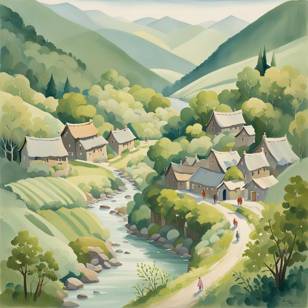 Idyllic Mountain Village in Gouache Style