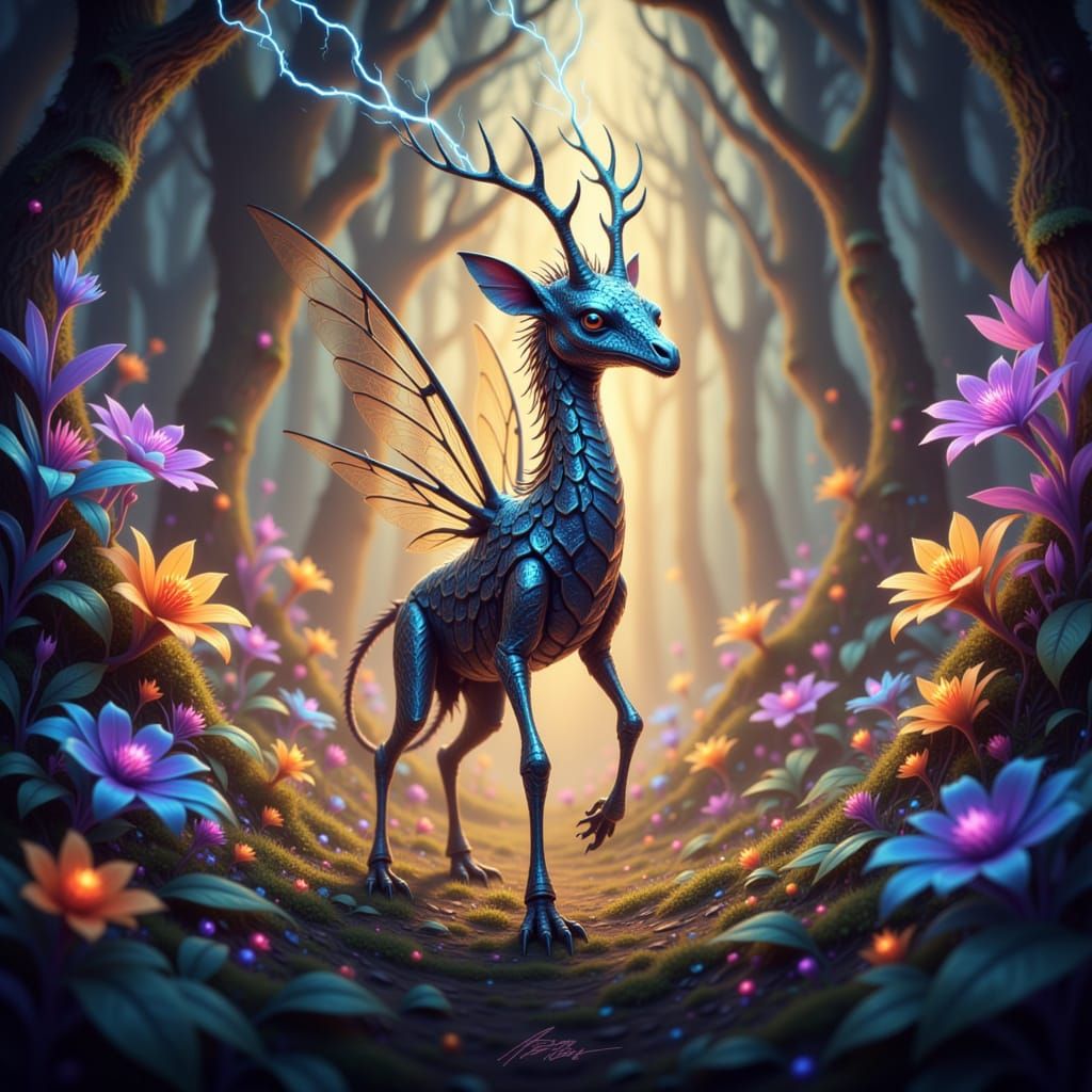 Fantastical Gryphon-Giraffe Bug with Lightning in Alien Fore...