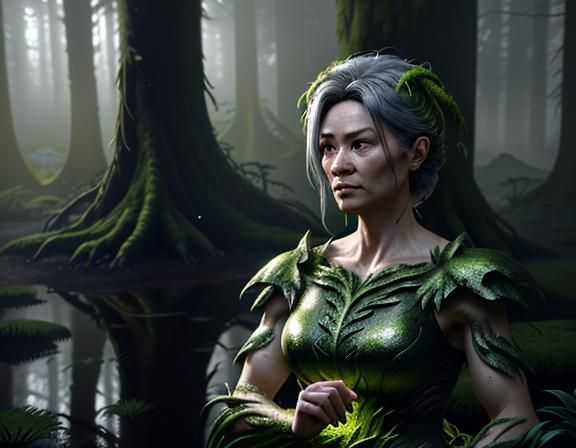 Female Amphiboid in Misty Forest, 3D Game Art