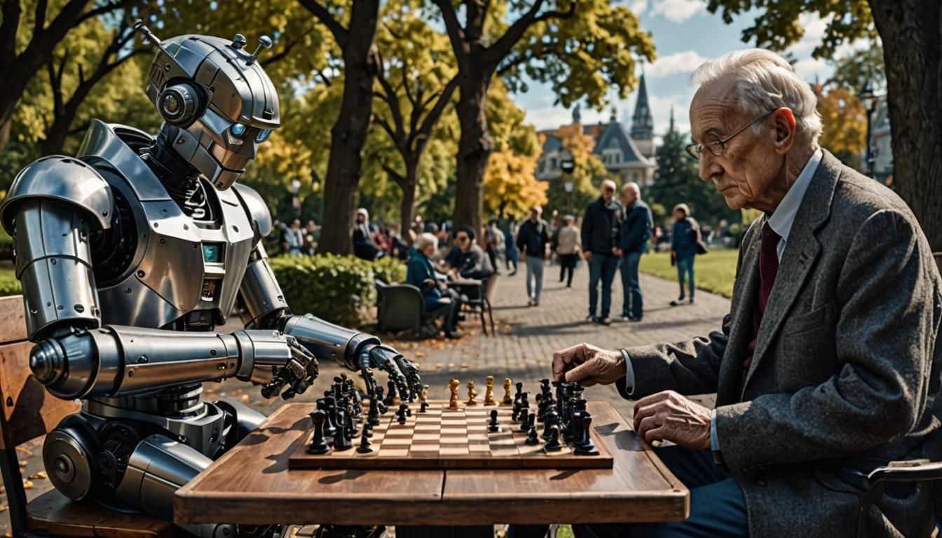 Robot Plays Chess in Park: Hyperrealistic Image