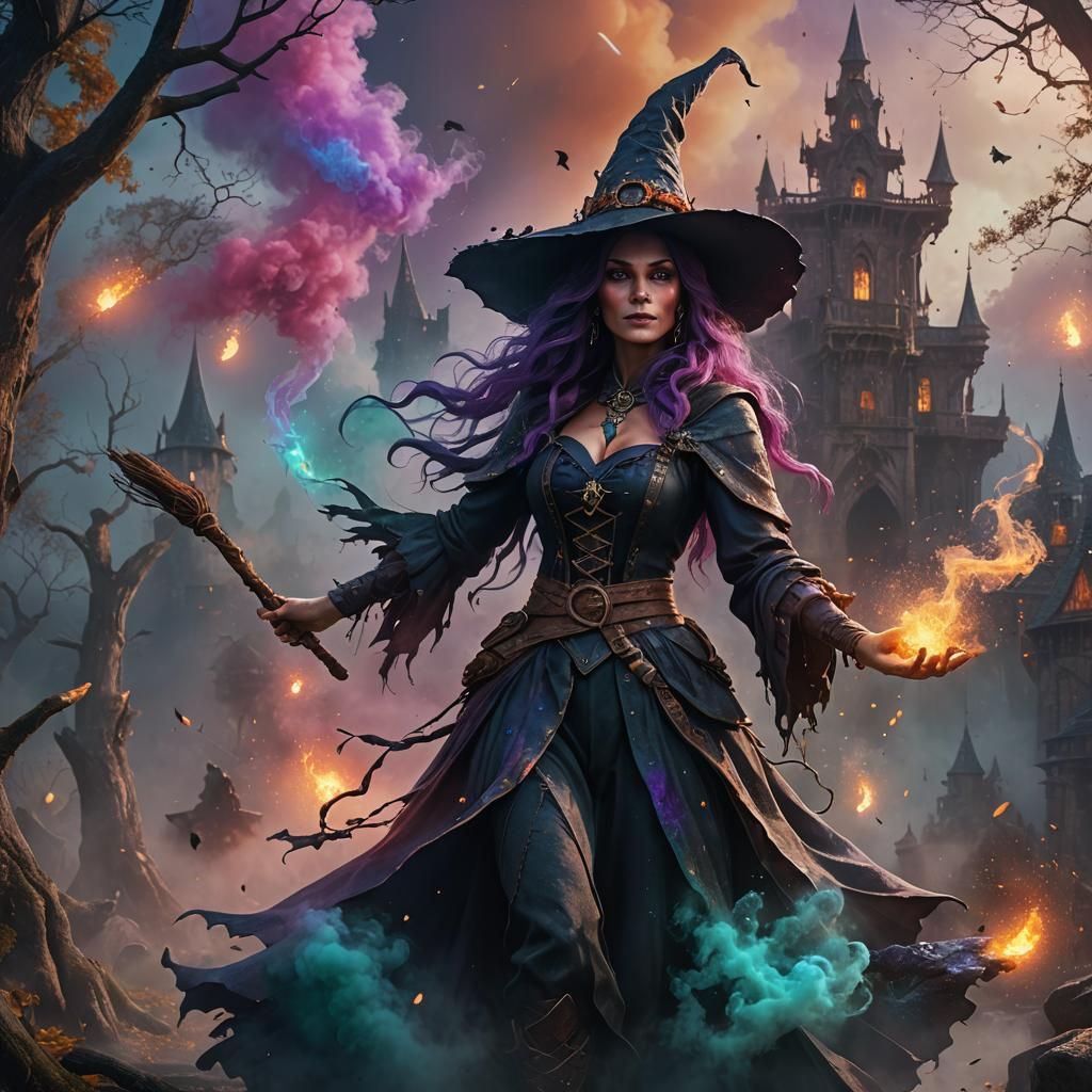 Enchanting Witch with Colored Mist, Detailed Fantasy Art