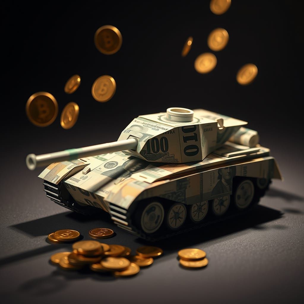 Origami Tank Made of Banknotes Spewing Gold Coins