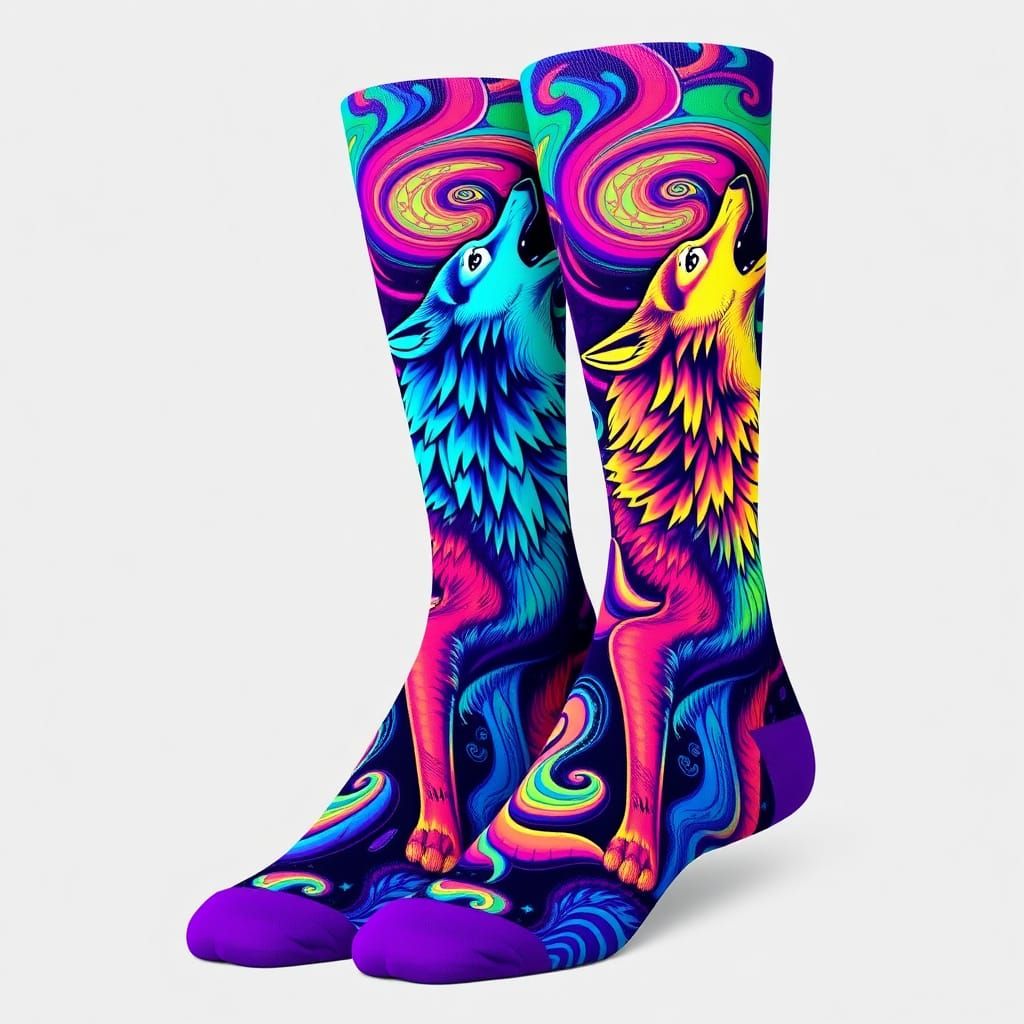 Psychedelic Wolves Socks with Swirling Colors