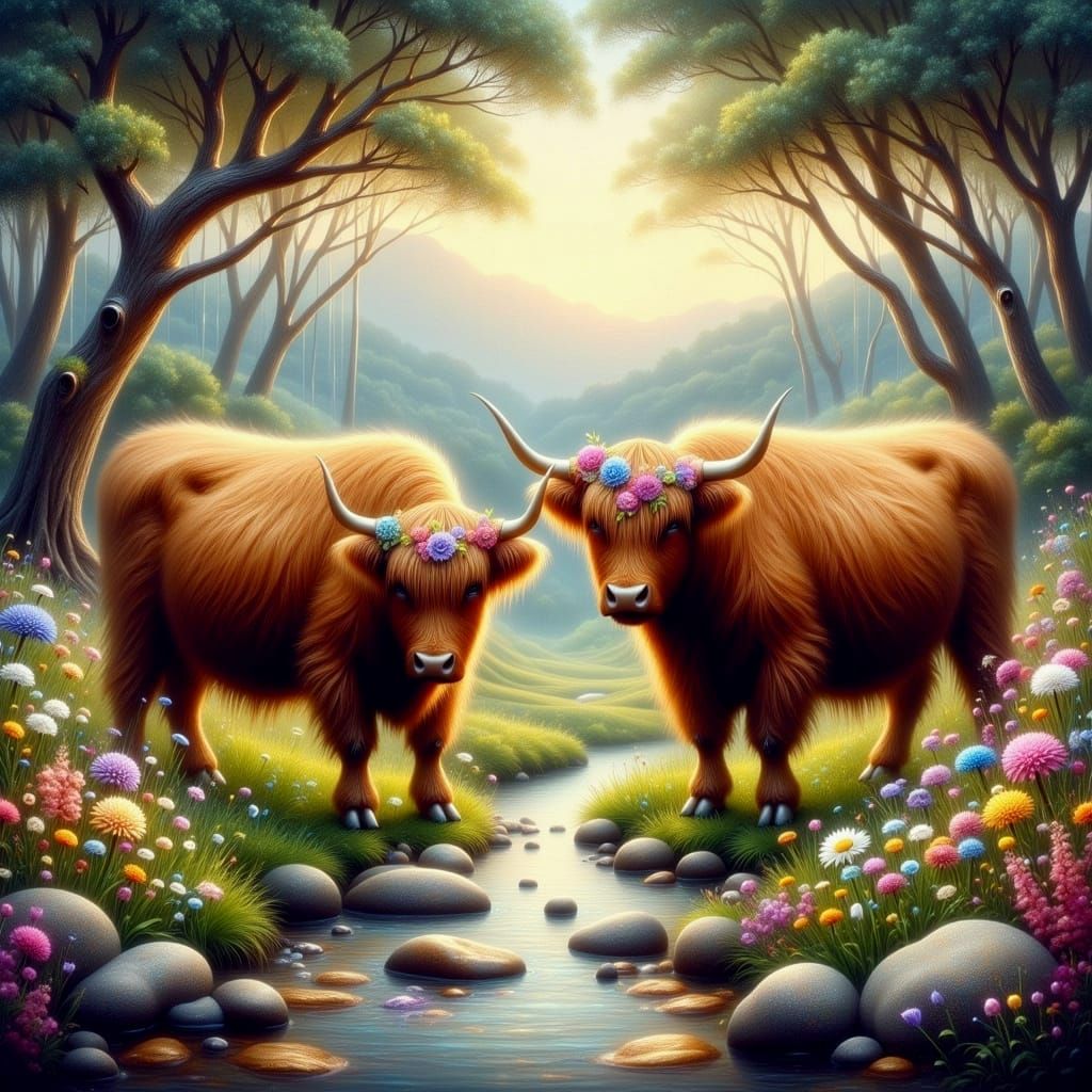Highland Cows in a Whimsical Wildflower Valley