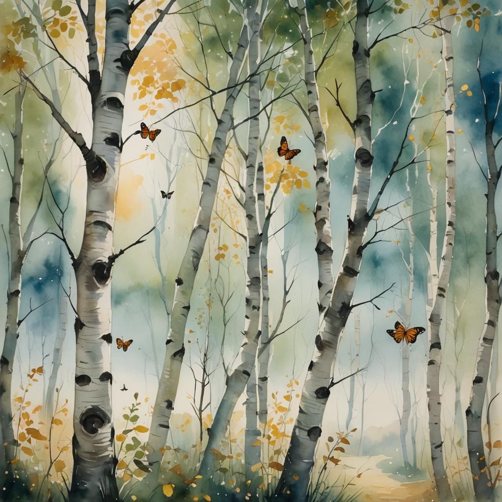 Birch Trees United by Spider Web in Watercolor