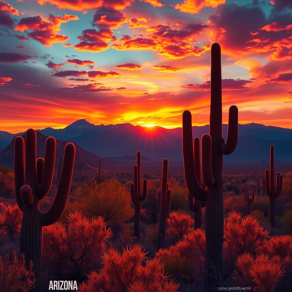Vibrant Arizona Sunset with Majestic Saguaro Cacti in Fantas...
