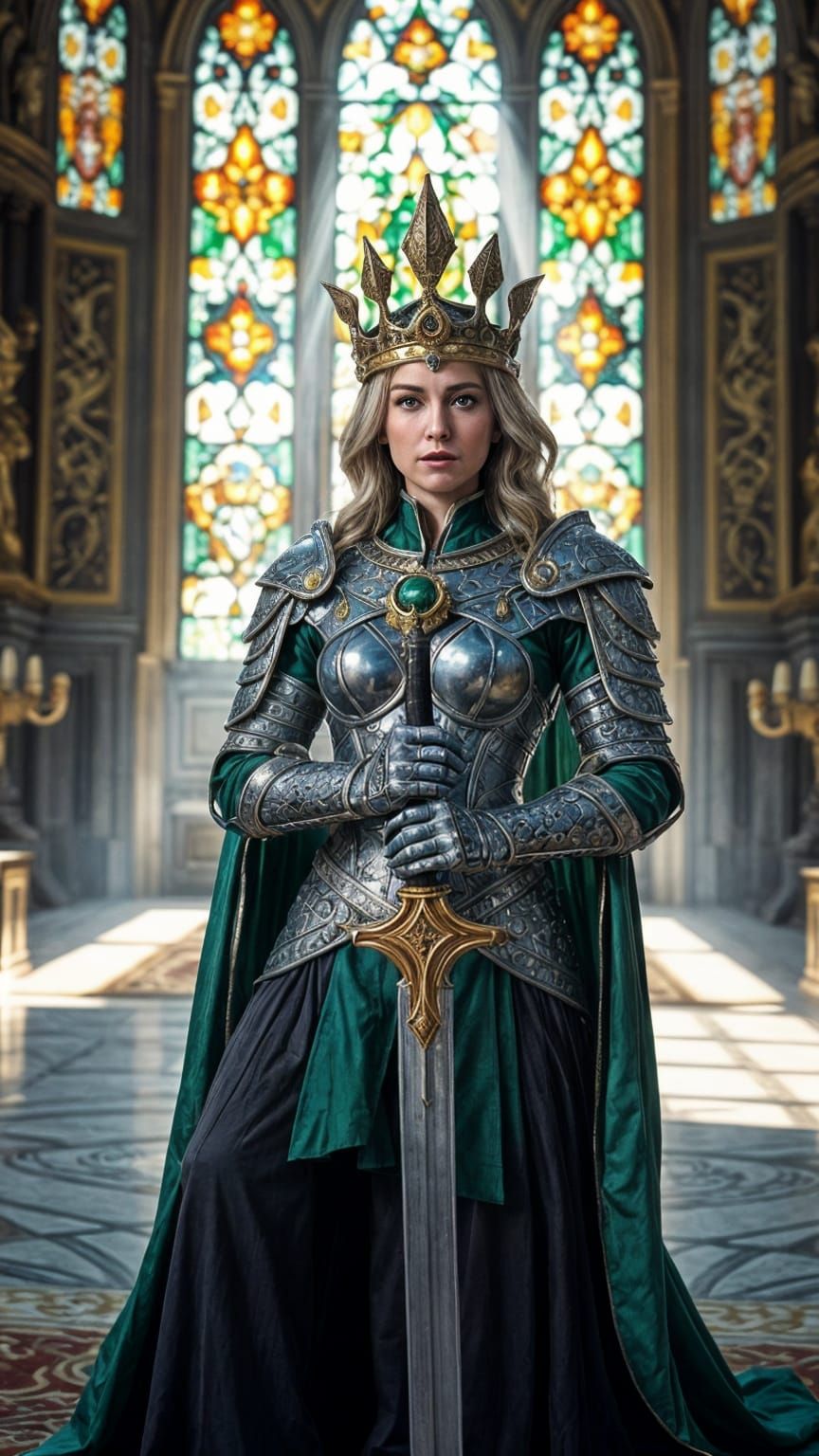 Warrior Queen in Silver Armor with Emeralds and Gold Crown