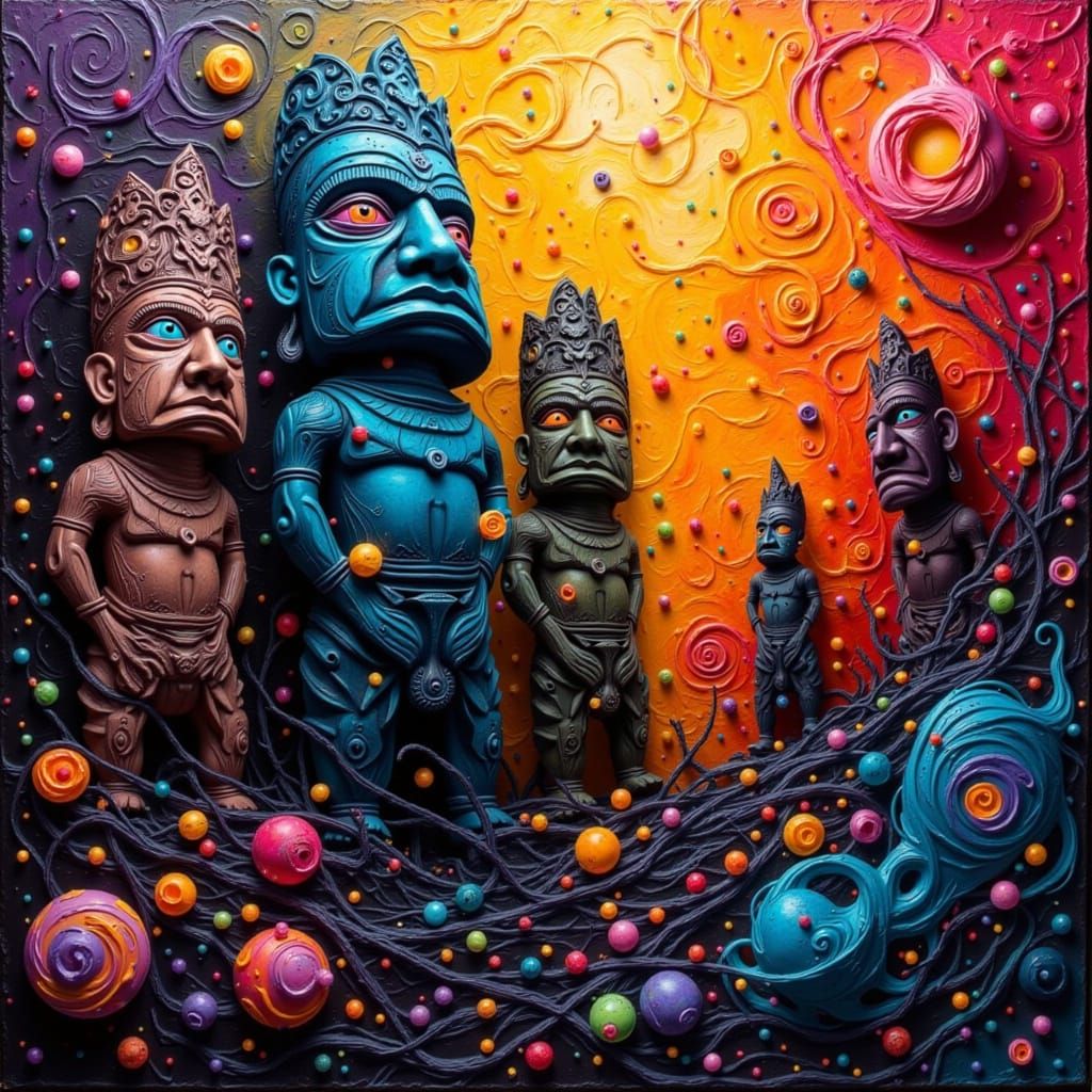 Tiki Figures Amidst Abstract Color Explosion