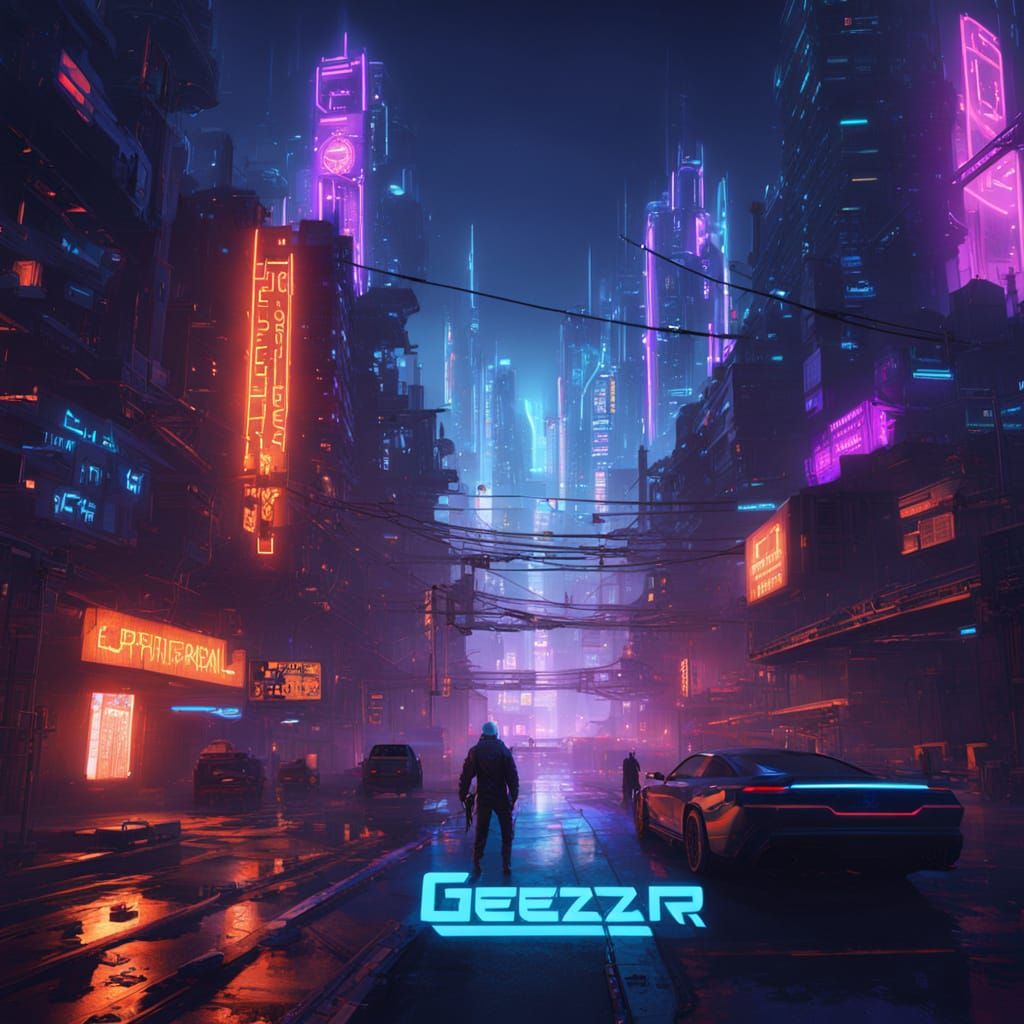 Cyberpunk Cityscape with Neon Text