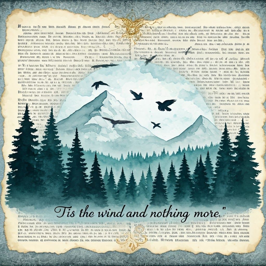 Watercolor Landscape with Ravens and Antique Text