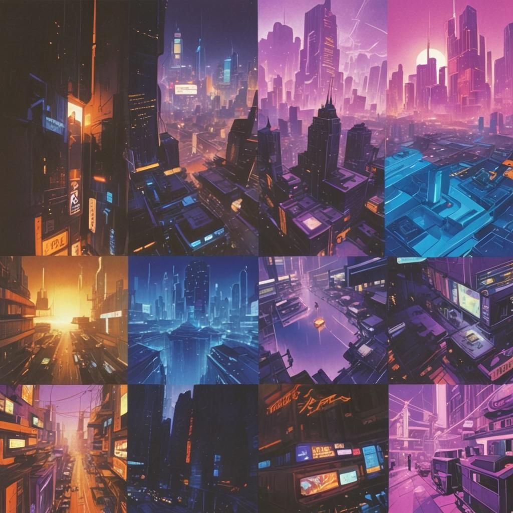 Neon Cityscape Matte Painting in Retrofuturistic Style