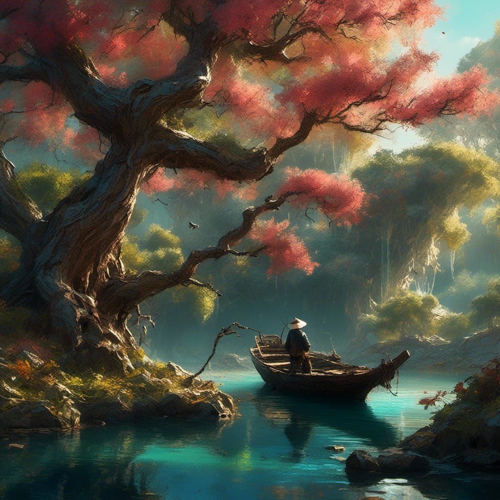 Serene River Scene with Fisherman in Oil Painting Style