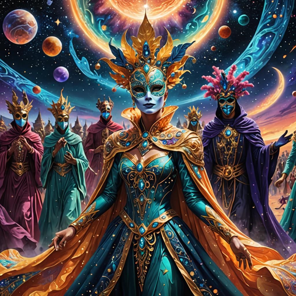 Celestial Masquerade Ball on Comet in Dreamcore Style