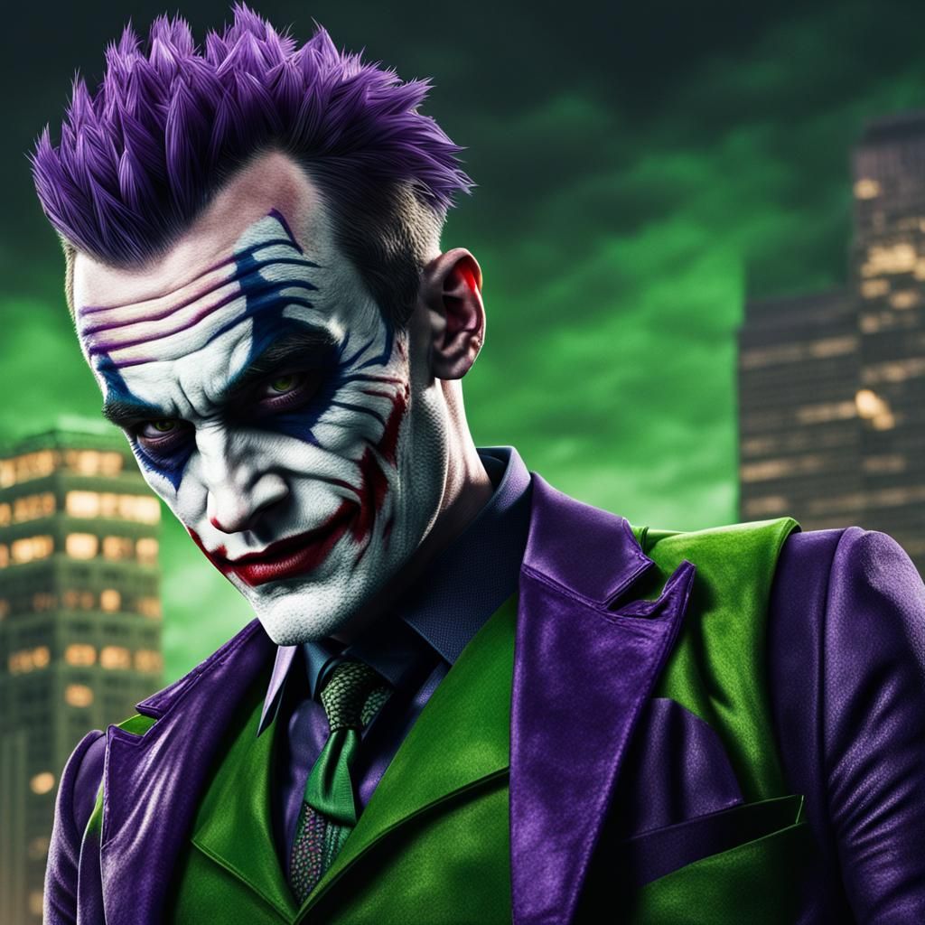 Hyperrealistic Image of Man with Green Hair and Purple Vest