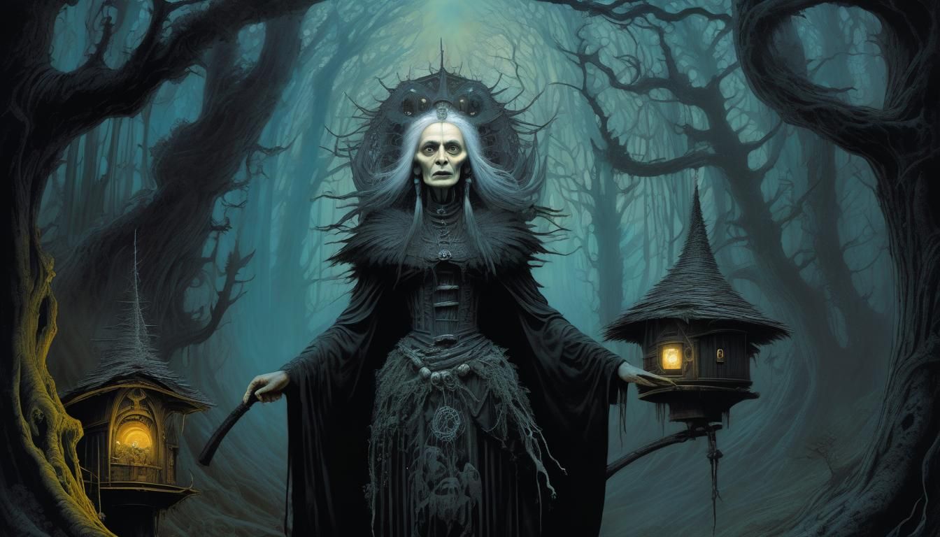 Baba Yaga in Mystical Forest: Grotesque Surreal Art