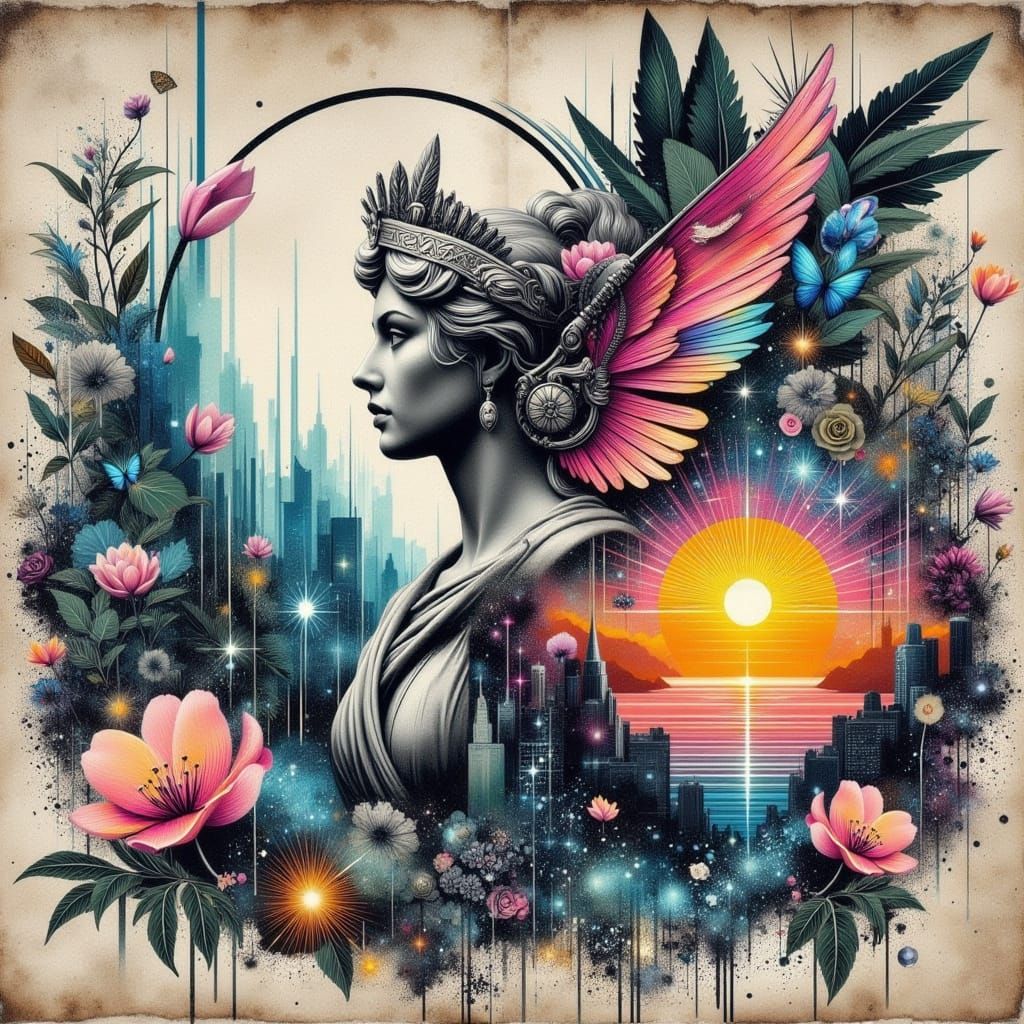 Athena Statue and Flower in Mixed Media Style