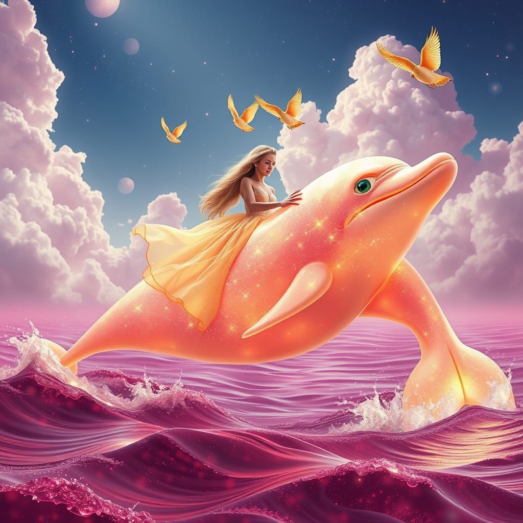 Fantasy Gummy Dolphin Ride in Art Nouveau Style